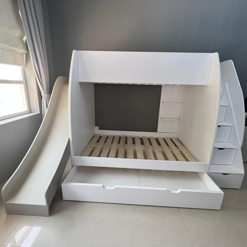 Twin Bunk Bed with Stairs, Slide and Trundle
