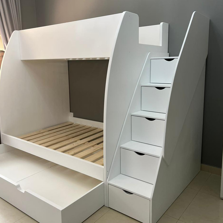 Twin Bunk Bed with Stairs, Slide and Trundle