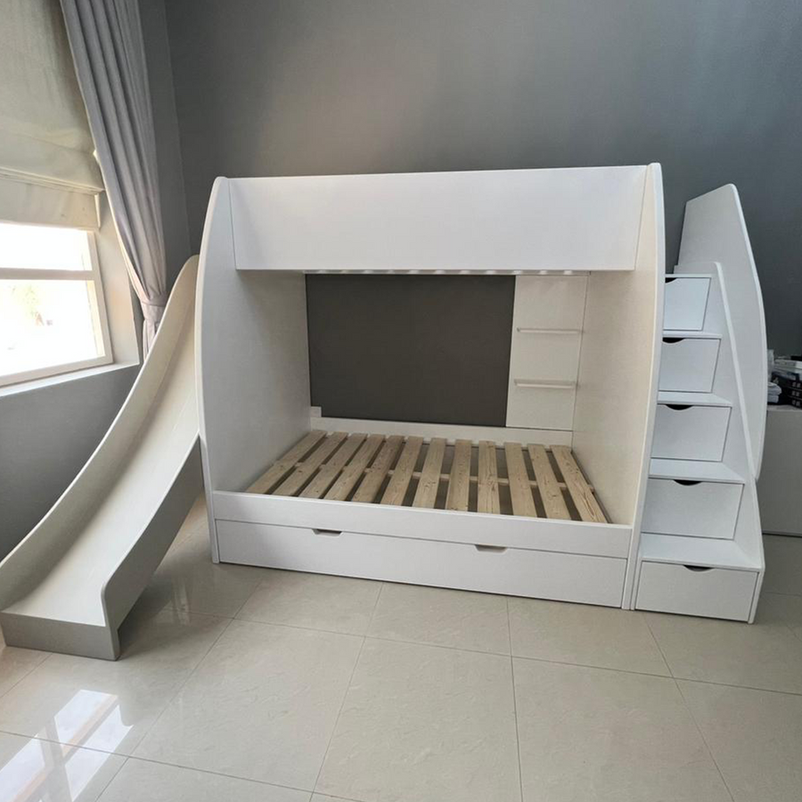 Twin Bunk Bed with Stairs, Slide and Trundle
