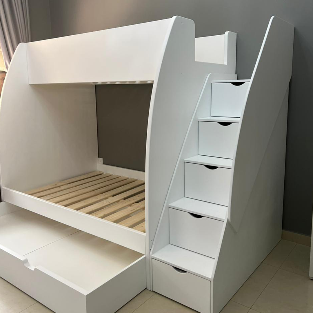 Twin Bunk Bed with Stairs, Slide & Trundle